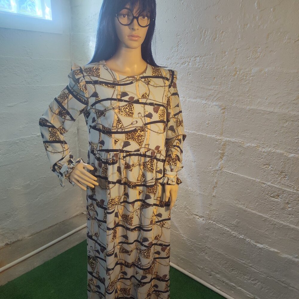 Vintage Malvina Light Blue Navy Leopard Print Long Sleeve Maxi Dress Size 38